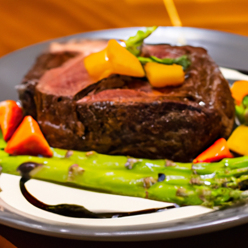 A beautifully plated steak with sides and garnishes